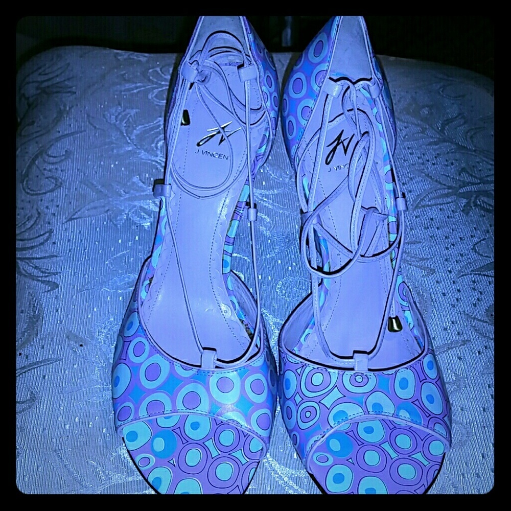 NEW J VINCENT MARILYN BLUE ALL LEATHER WEDGE HEELS - Picture 4 of 7